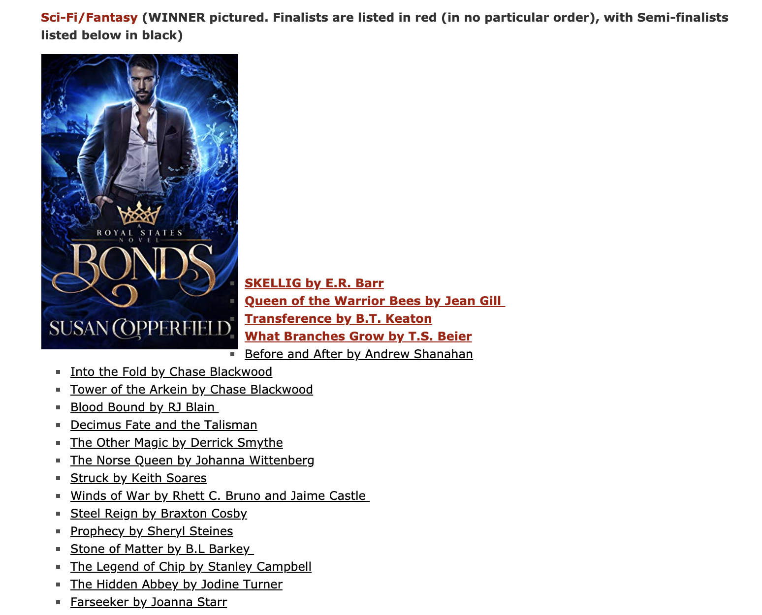 Bonds (Susan Copperfield) won the 2020 Kindle Book Review Awards (Science Fiction/Fantasy)
